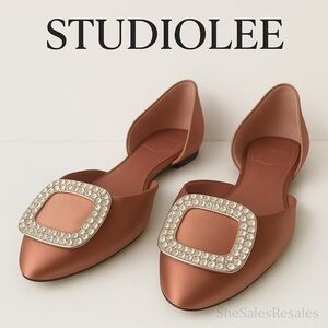 StudioLee Satin D'Orsay Flats Pink Rhinestone Buckle Pointed Toe Women’s Size 8M
